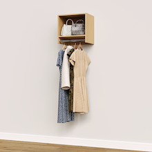Natural Oak 18 inch tall hanging closet organizer for walk-in closet systems.