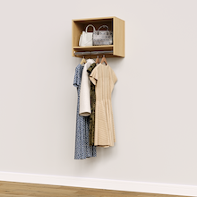 Natural Oak 21 inch tall hanging closet organizer for walk-in closet systems.