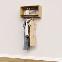 Natural Oak 30 inch tall hanging closet organizer for reach-in closet systems.