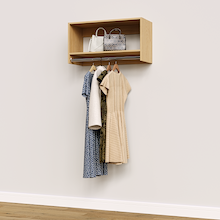 Natural Oak 33 inch tall hanging closet organizer for reach-in closet systems.