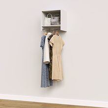 White 18 inch tall hanging closet system with space-saving vertical storage.