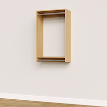 27 inch double hanging closet in natural oak, wall mounted for home organization.