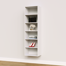 White 19.5 inch closet organizer for shirts in a master bedroom.