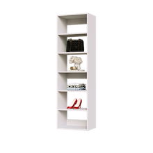 White 19.5 inch shelf tower for folded linens in a hallway closet.