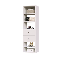 White slab 2-drawer closet shelf tower with five open shelves and two deep drawers for closet organization.