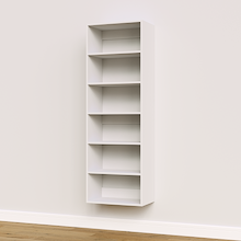 White 22.5 inch shelf tower for space-saving storage in a bedroom closet.