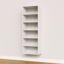White 24 inch shelf tower for upright storage in a modular closet system.