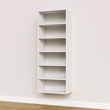White 25.5 inch shelf tower for stacked master walk-in closet storage.