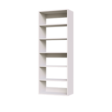 White 25.5 inch high-capacity shelf tower for structured bedroom storage.