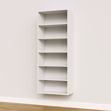 White 27 inch shelf tower for master bedroom closet organization.