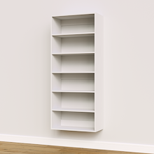 White 28.5 inch shelf tower for space-saving, high-capacity closet storage.