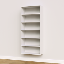 White 30 inch shelf tower for upright, wide walk-in closet organization.