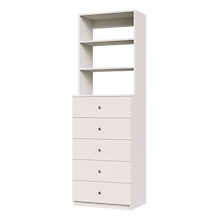 White closet drawers with slab fronts for reach-in folded clothing storage.