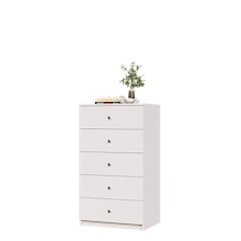 White closet drawer cabinet with slab fronts and top surface for jewelry or accessory display.