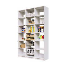 White 54 inch pantry shelving with two wood pull-out drawers and two pull-out wire baskets.