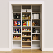 Adjustable 54 inch white pantry shelves for cereal boxes and kitchen dry goods.