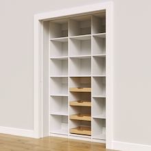 54 inch open pantry storage in white with wood pull-out drawers.