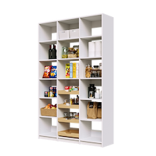 White 54 inch pantry shelving with four wood pull-out drawers.