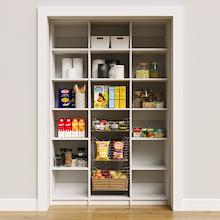 Adjustable 54 inch white pantry shelves for cereal boxes and kitchen dry goods.