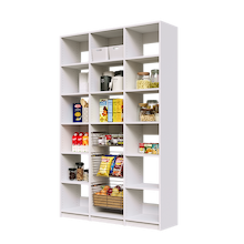 White 54 inch pantry shelving with three sliding wire baskets for kitchen storage.