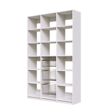 Three wire pull-out baskets in 54 inch white kitchen pantry storage.