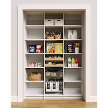 57 inch white food storage shelves featuring layered wood drawers and pull-out wire baskets.