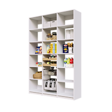 White 57 inch pantry shelving featuring two wood drawers and two pull-out wire baskets.