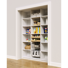 White 57 inch pantry shelving layout with adjustable shelves, two wood drawers, and two pull-out wire baskets.