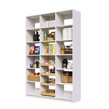 White 57 inch pantry shelving featuring four wood pull-out drawers for kitchen storage.