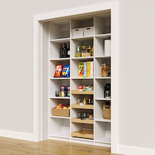 White 57 inch pantry shelving layout with adjustable shelves and four wood pull-out drawers.