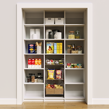 57 inch white food storage shelves for organizing baking supplies and cans.