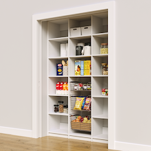 White 57 inch kitchen pantry shelving layout with adjustable shelves and three wire baskets.