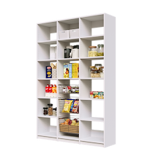 White 57 inch pantry shelving featuring three wire pull-out baskets.