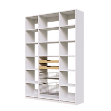 Wood pull-out drawers and two pull-out wire baskets in a 60 inch white built-in pantry.