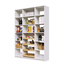 White 60 inch pantry shelving with four wood pull-out drawers and adjustable shelving.