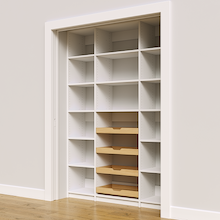 60 inch white pantry with adjustable shelves and four sliding wood shelves.
