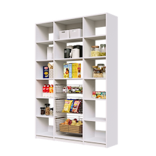 White 60 inch pantry storage with three sliding wire baskets and adjustable shelving.