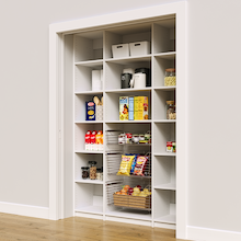 White 60 inch kitchen pantry wall shelves featuring three sliding wire food baskets.
