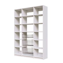 Tiered three wire pull-out baskets in a 60 inch white kitchen pantry.
