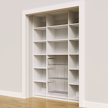 60 inch white pantry with adjustable shelves and three sliding wire storage baskets.