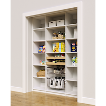 White 63 inch pantry shelving layout featuring wood drawers and pull-out wire baskets.