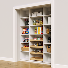 White 63 inch pantry shelving layout with adjustable shelf heights for jars and cans.