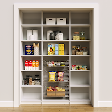 Sturdy 63 inch white open pantry shelves for kitchen food storage.