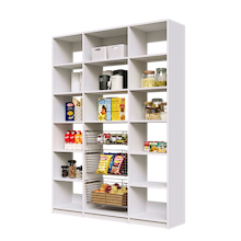 63 inch white pantry shelving with three sliding wire baskets for bulk items.