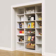White 63 inch kitchen pantry storage with adjustable shelf heights for bottles.