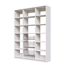 Three wire pull-out storage baskets featured in white 63 inch kitchen pantry shelving.