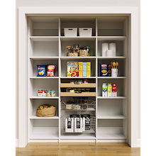 White 66 inch pantry shelving with two wood pull-out drawers and two pull-out wire baskets.