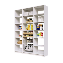 White 66 inch pantry shelving with two wood pull-out drawers, two pull-out wire baskets, and open shelving.