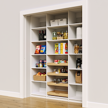 66 inch white pantry shelves featuring four wood pull-out shelves.