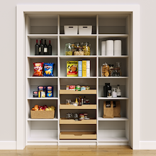White 66 inch pantry shelving for efficient reach in kitchen storage.